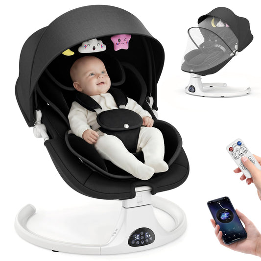 Helangel baby swing for infants and toddlers with 5-speed settings, Bluetooth music, 3-seat positions, and safety 5-point harness.