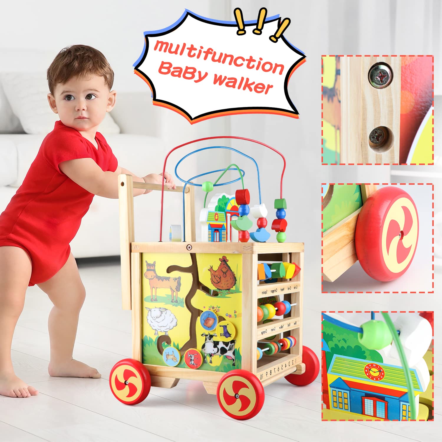Wondertoys wooden activity cube with colorful shapes, educational toys, and a baby push walker for learning and play.