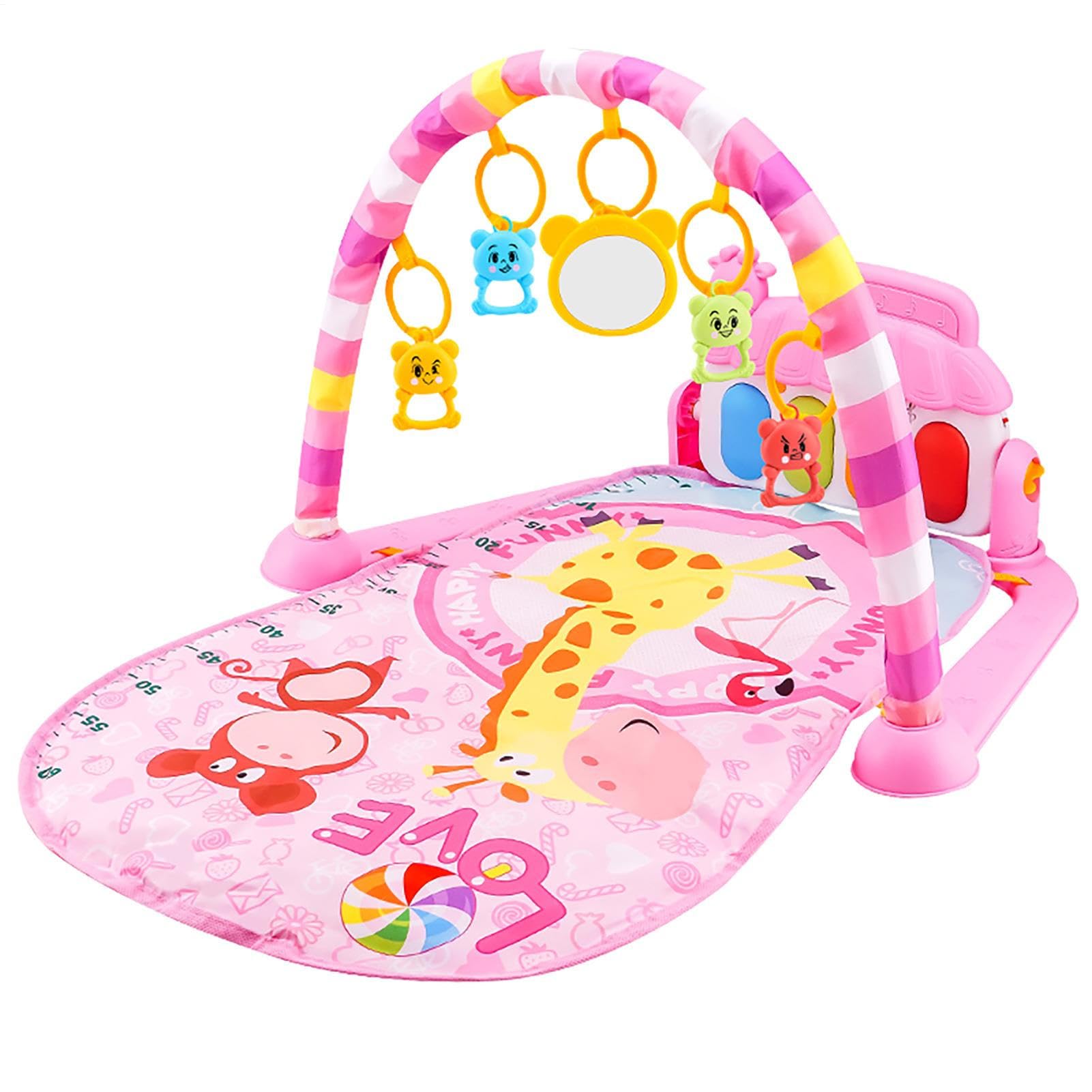Colorful baby gym play mat with piano, toys, and music, designed for infants 0-36 months, featuring cartoon piano and sensory activities.