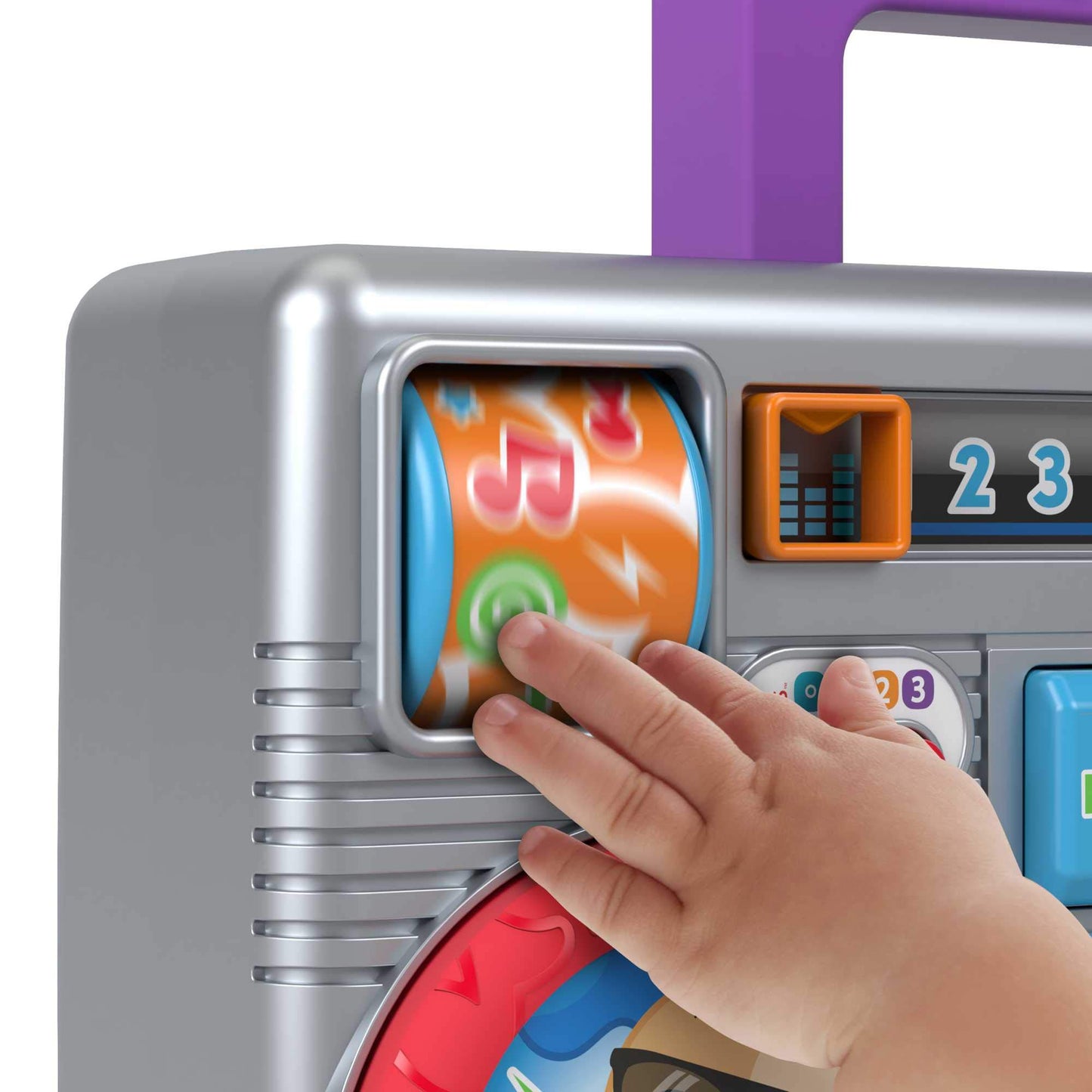 Fisher-Price Laugh & Learn Busy Boombox infant toy with colorful buttons and musical keys, designed for babies and toddlers.