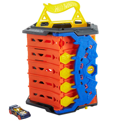 Hot Wheels Track Builder Action Roll Out Raceway set with 5 lane racetrack and toy storage bucket, includes 1 toy car.