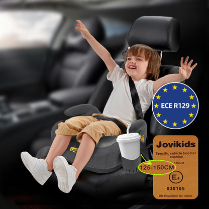 Jovikids I-Size Booster Seat with ISOFIX, Suitable for Child Height 125-150cm, Portable Car Seats with Cup Holder for Kids, Comfortable & Compact for Everyday Use, Great for Travel, ECE R129 (Grey)