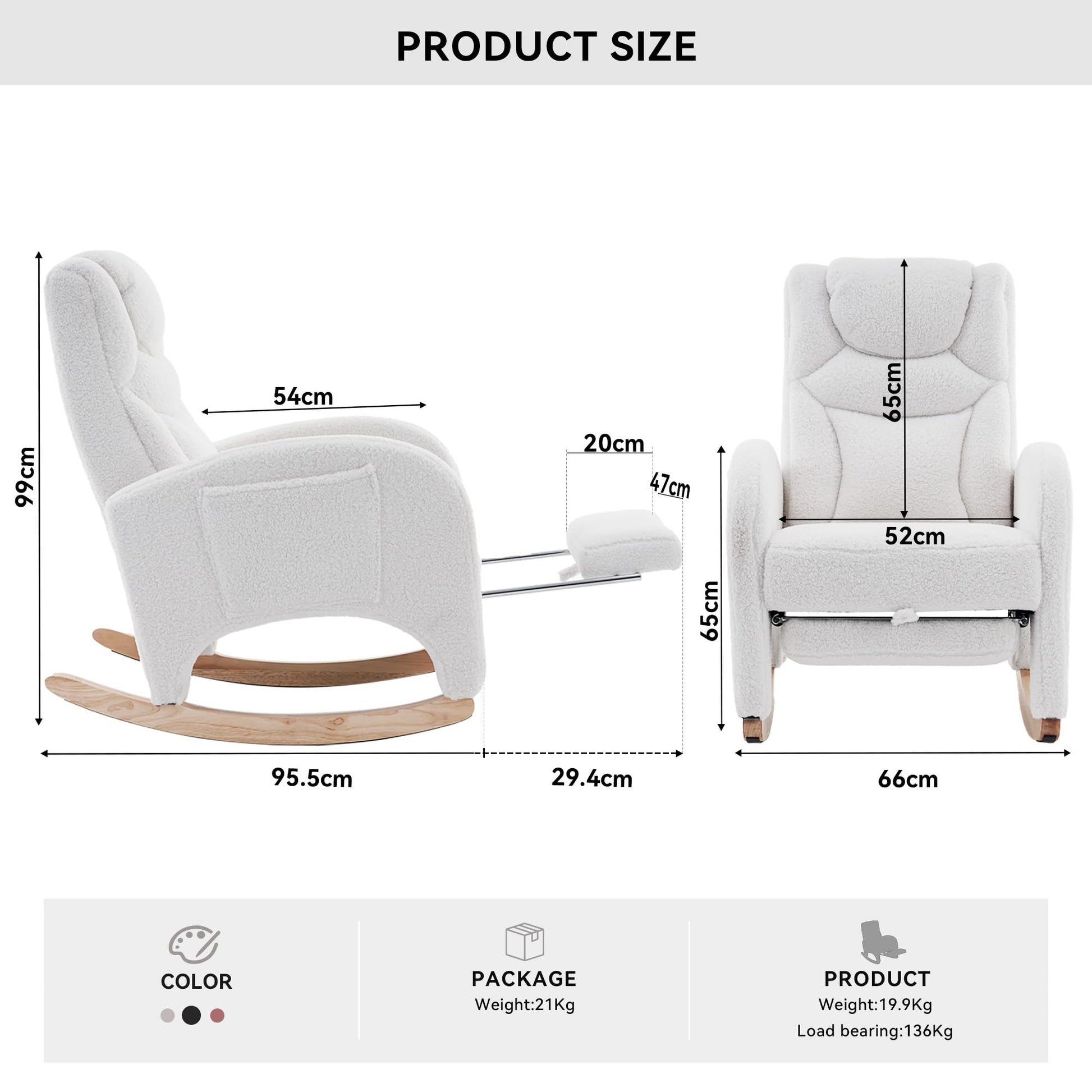 White DEKKETO teddy rocking chair with headrest, footrest, side pocket, ideal for nursing, breastfeeding, and nursery comfort.