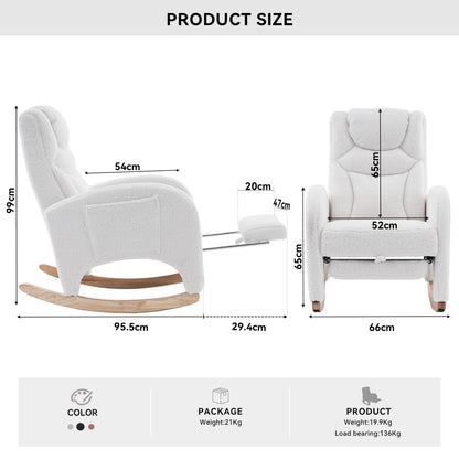 White DEKKETO teddy rocking chair with headrest, footrest, side pocket, ideal for nursing, breastfeeding, and nursery comfort.
