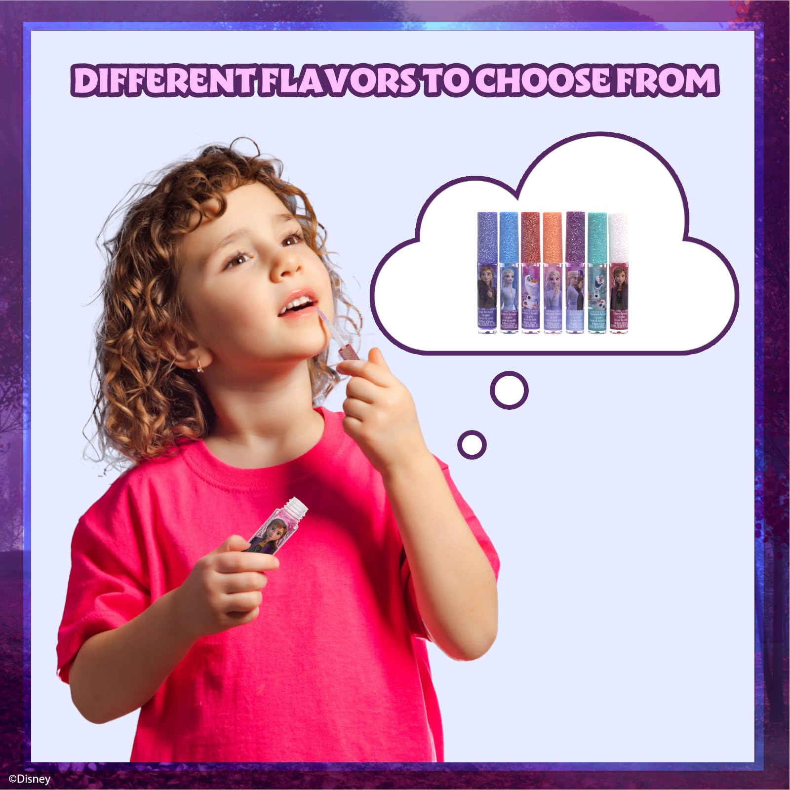 Disney Frozen 7-piece lip gloss set by Townley Girl, featuring colorful, plant-based glosses for young girls' first makeup.