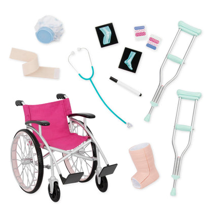 Our Generation Heals on Wheels Set with wheelchair and medical accessories for 18-inch girl dolls, 11 pieces displayed.