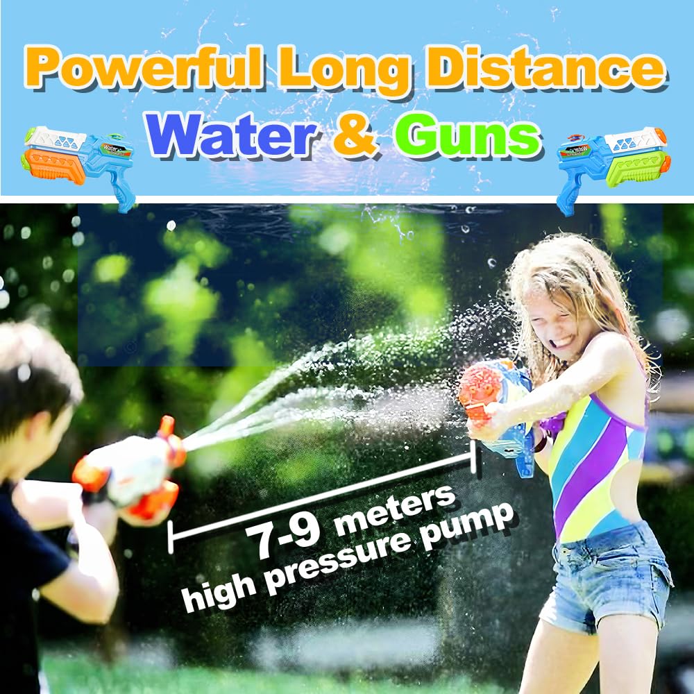 Cakkone blue water guns set with two 600ml long-range water pistols for kids and adults, ideal for summer pool and beach fun.