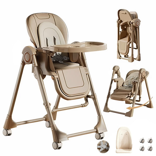 Magic ZC PU Leather Baby High Chair Toddler Feeding Dining Chair with Adjustable Heights and Positions Multifunctional Foldable Convertible with Detachable Double Trays and Wheels (X8121 Khaki)