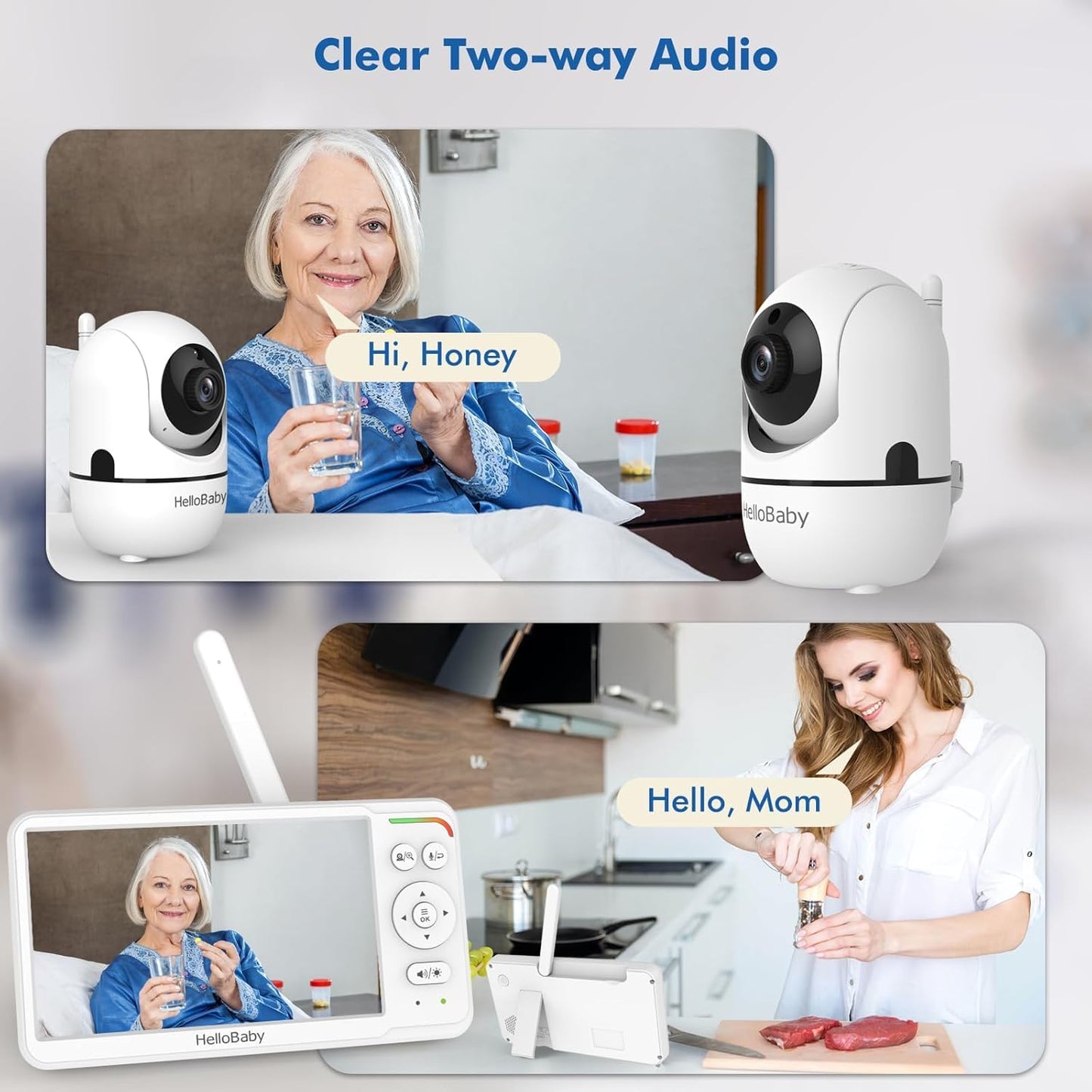 HelloBaby baby monitor with 6" split screen, camera with night vision, remote pan/tilt/zoom, portable screen for travel.