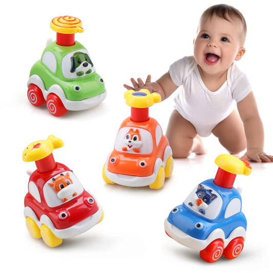 AmyBenton baby toy cars set with 4 press-and-go vehicles for 1-2 year old boys, colorful and suitable for young children.