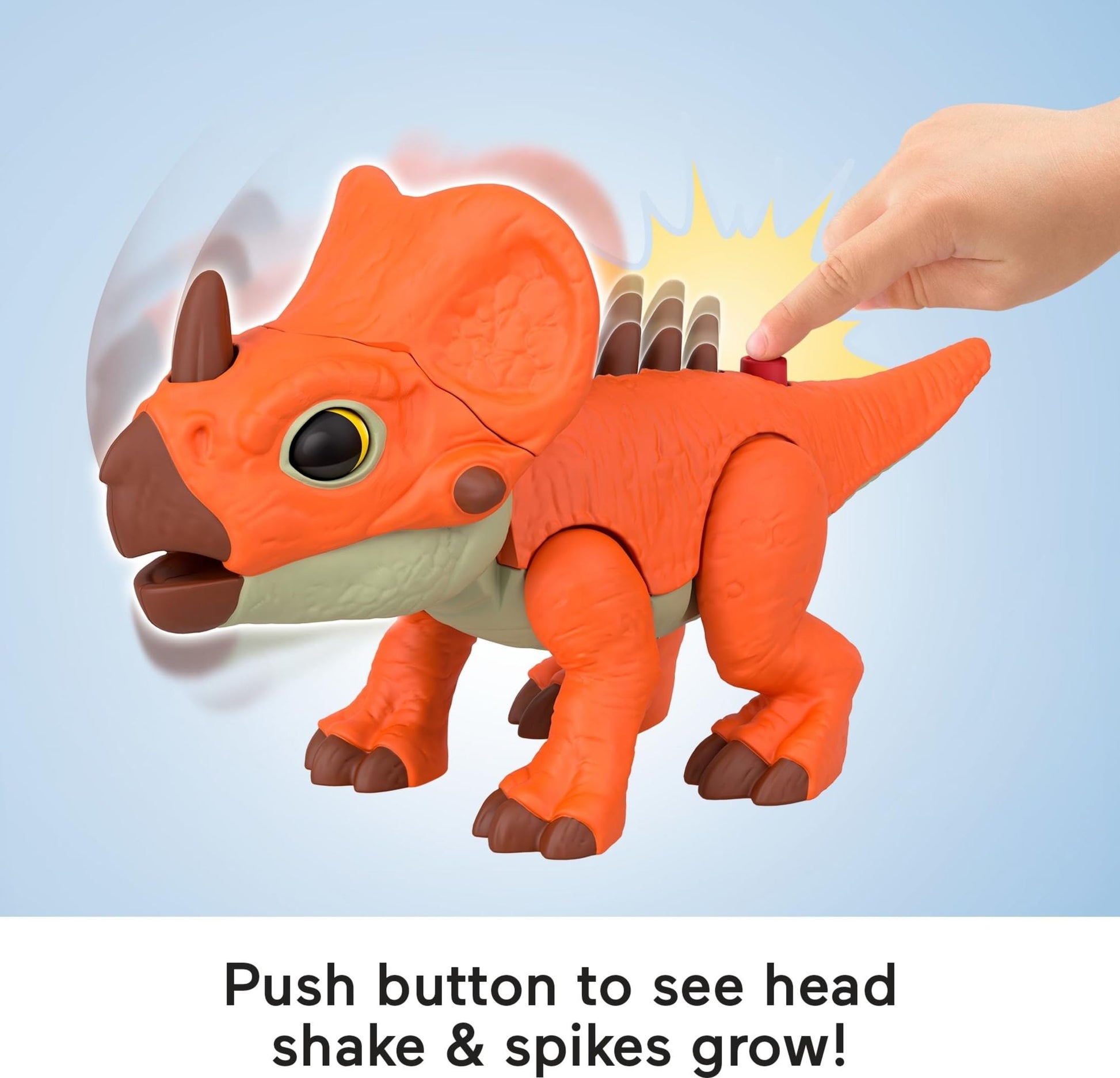 Fisher-Price Imaginext Jurassic World Aquilops dinosaur action figure with moving spikes and kid-activated motion, 7.75-inch toy.