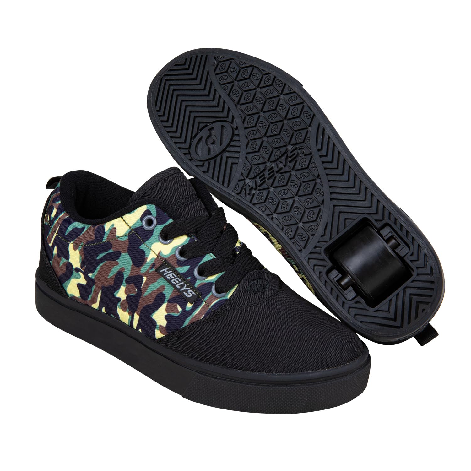 Heelys PRO20 Prints black and camo nylon shoes for children aged 12, featuring a sleek design and sporty style.