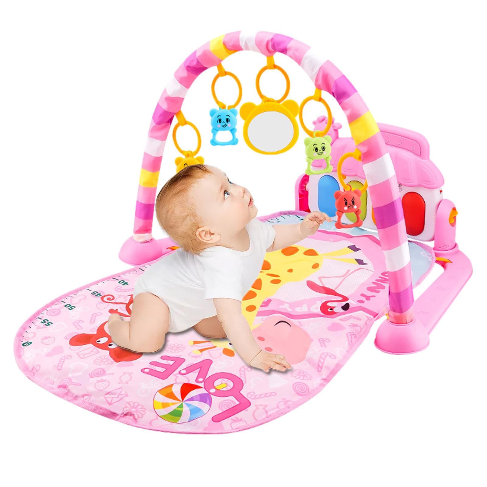 Colorful baby gym play mat with piano and sensory toys, designed for infants 0-36 months, featuring bright cartoon piano elements.