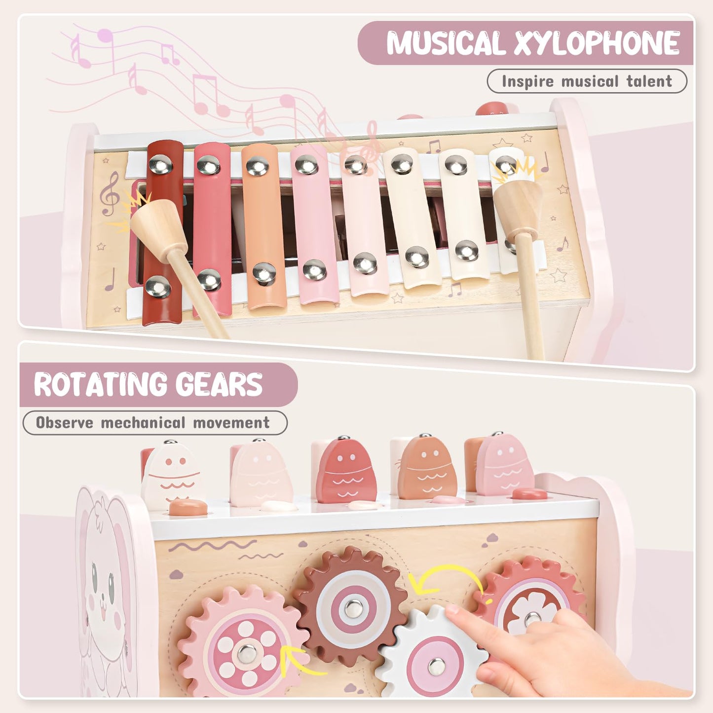 Joyreal wooden Montessori toy set for 1-year-old girls and boys, includes hammering, xylophone, and magnetic fishing game.