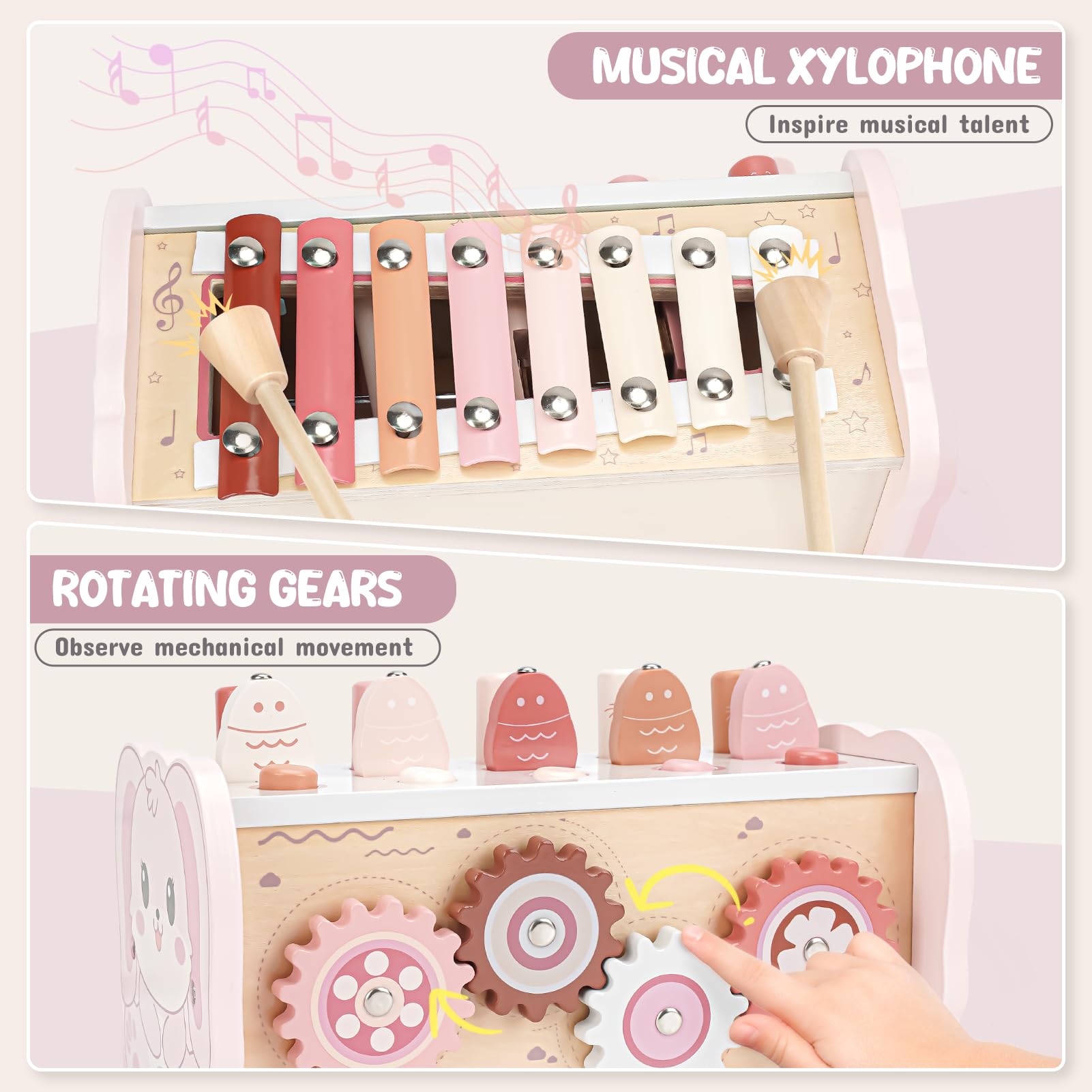 Joyreal wooden Montessori toy set for 1-year-old girls and boys, includes hammering, xylophone, and magnetic fishing game.