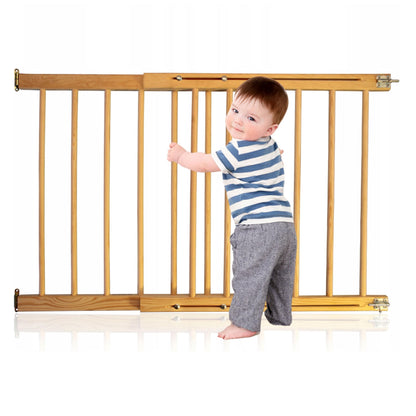 Extendable wooden baby gate by NOVECRAFTO, durable safety gate for doorways, stairs, pets, and babies, with lock and adjustable width.