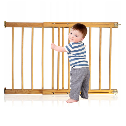 Extendable wooden baby gate by NOVECRAFTO, durable safety gate for doorways, stairs, pets, and babies, with lock and adjustable width.