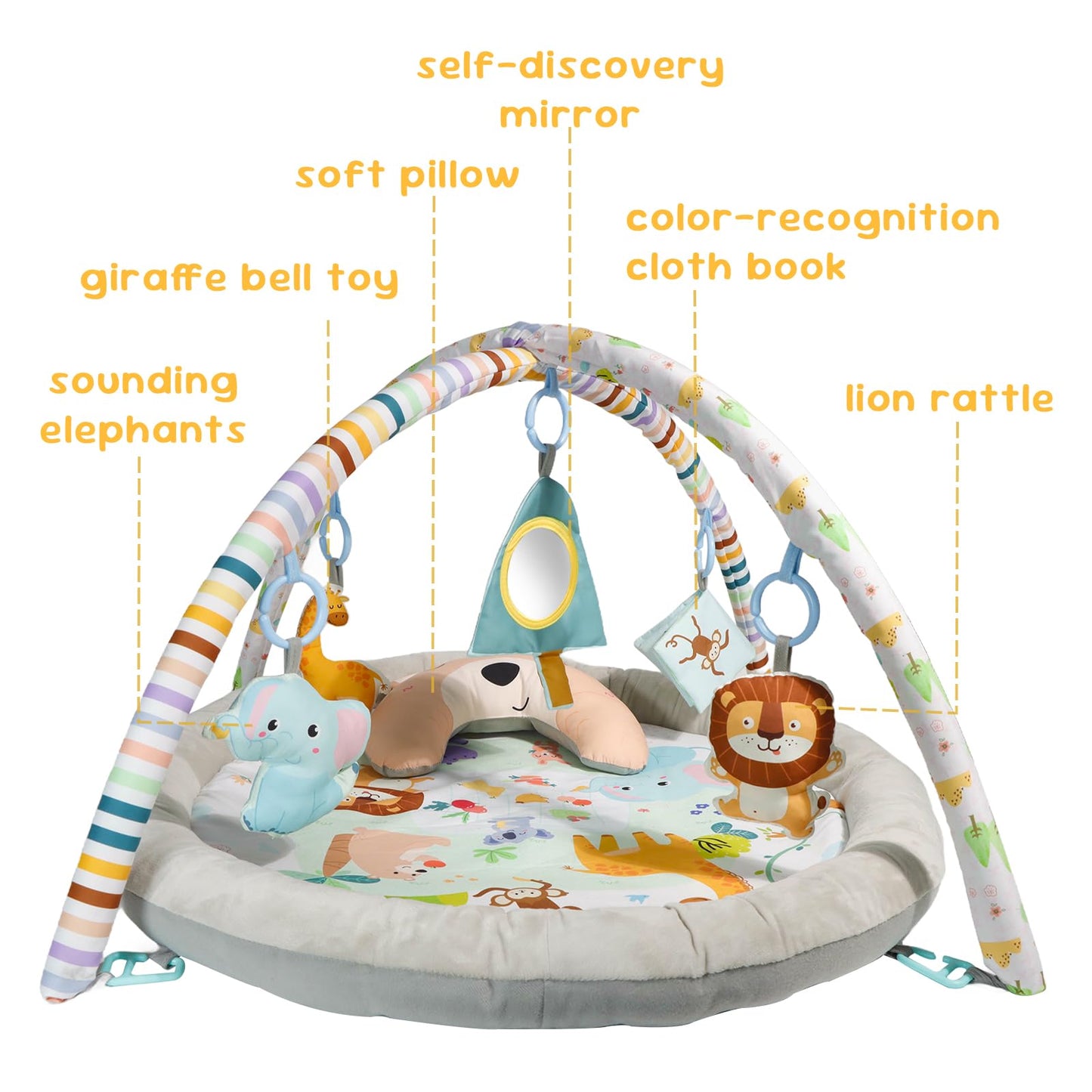 GoldEnough baby play mat with hanging toys, tummy time pillow, and soft floor mats for newborns and infants 0-36 months.