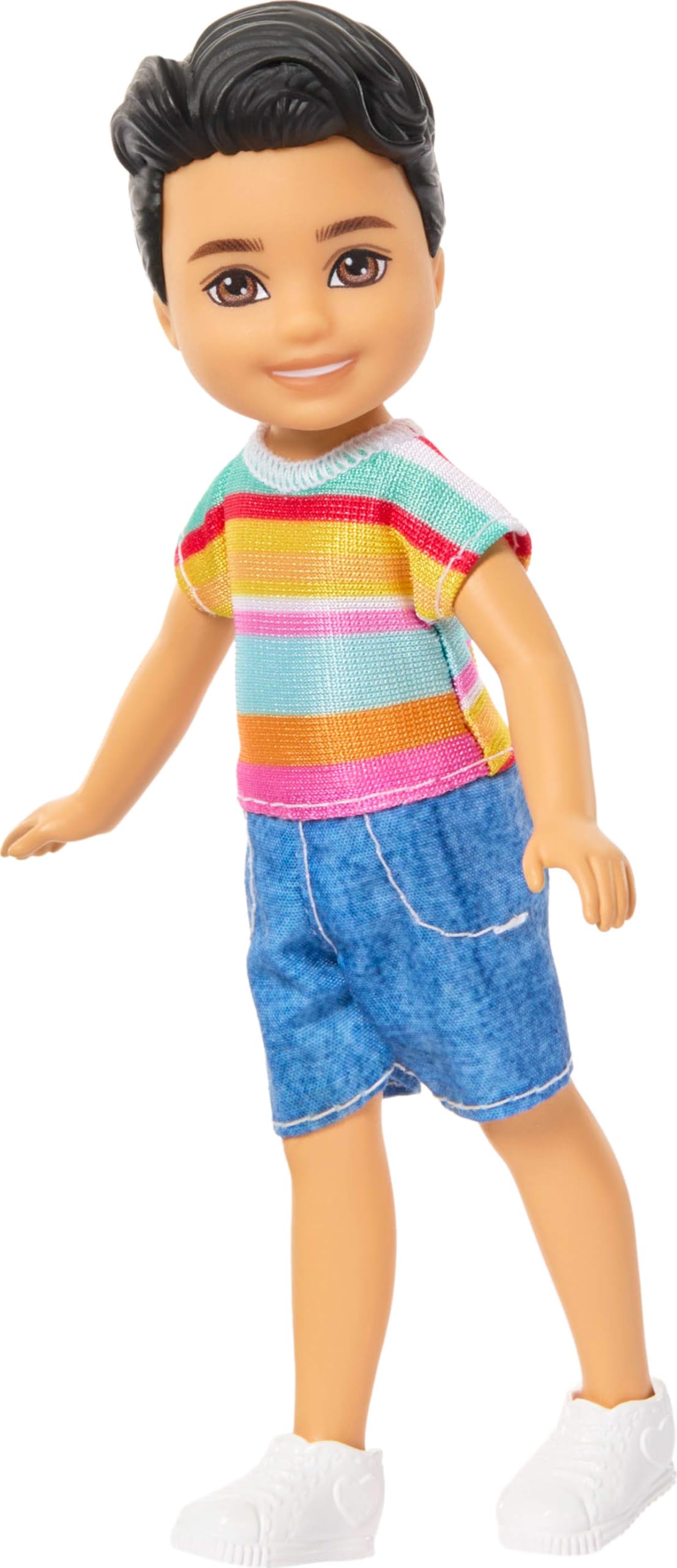 Barbie Club Chelsea Koji 6-inch boy doll with brunette hair wearing striped shirt, shorts, and shoes.