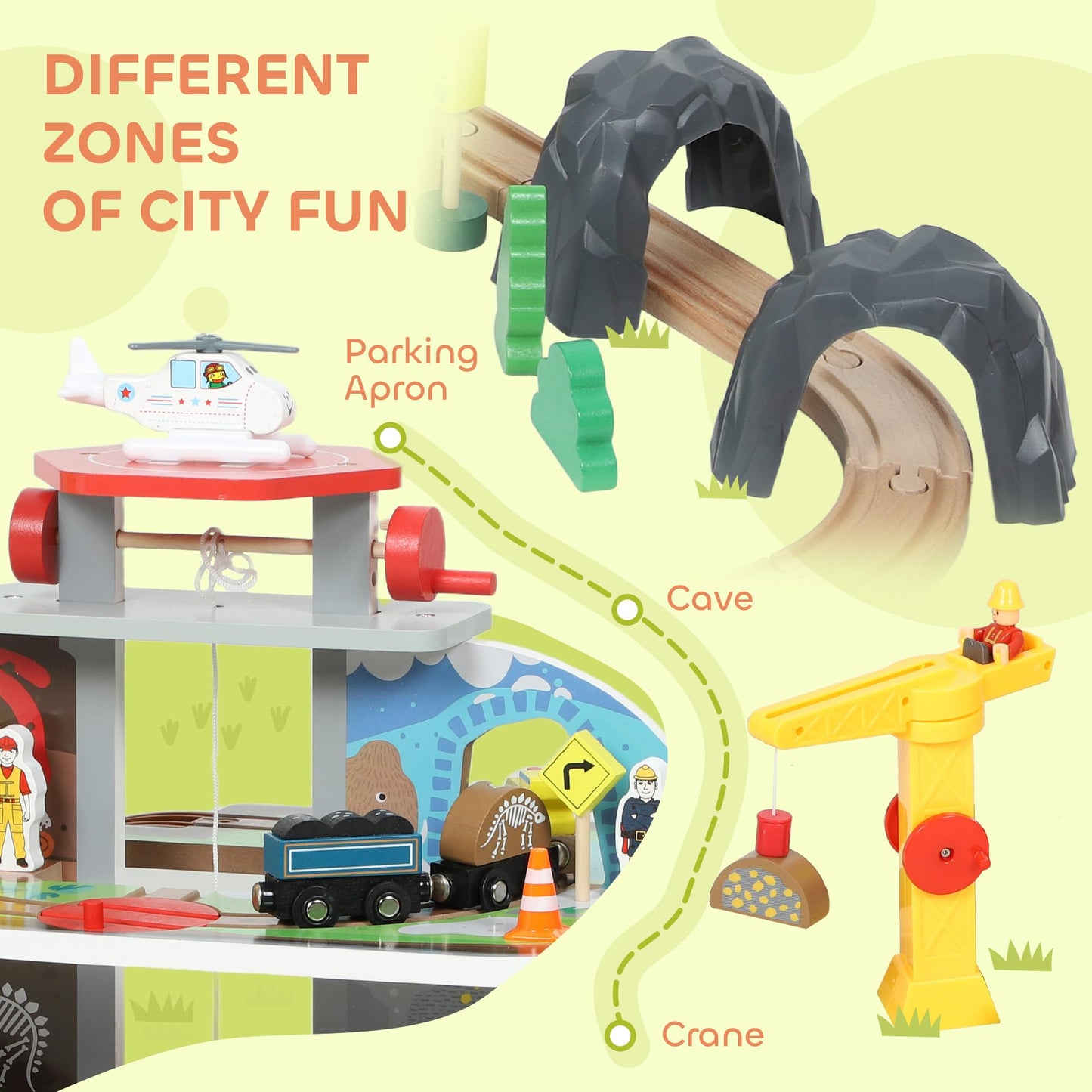 AIYAPLAY wooden train set with 79 pieces including mine-themed tracks, crane, helicopter, and magnetic railway toys for kids.