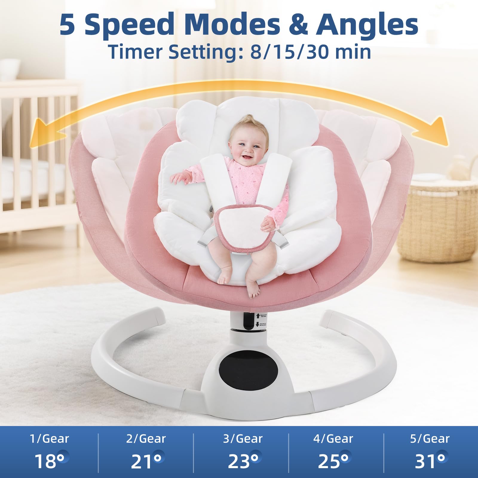 Cozydwells electric baby swing chair in pink with Bluetooth, touch screen music speaker, remote control, 5 swing speeds, and portable design