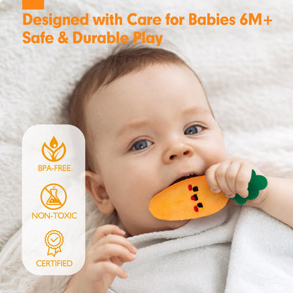 Montessori sensory plush garden toy by hahaland featuring fruits, vegetables, rattles, mirror, and crinkle textures for babies.