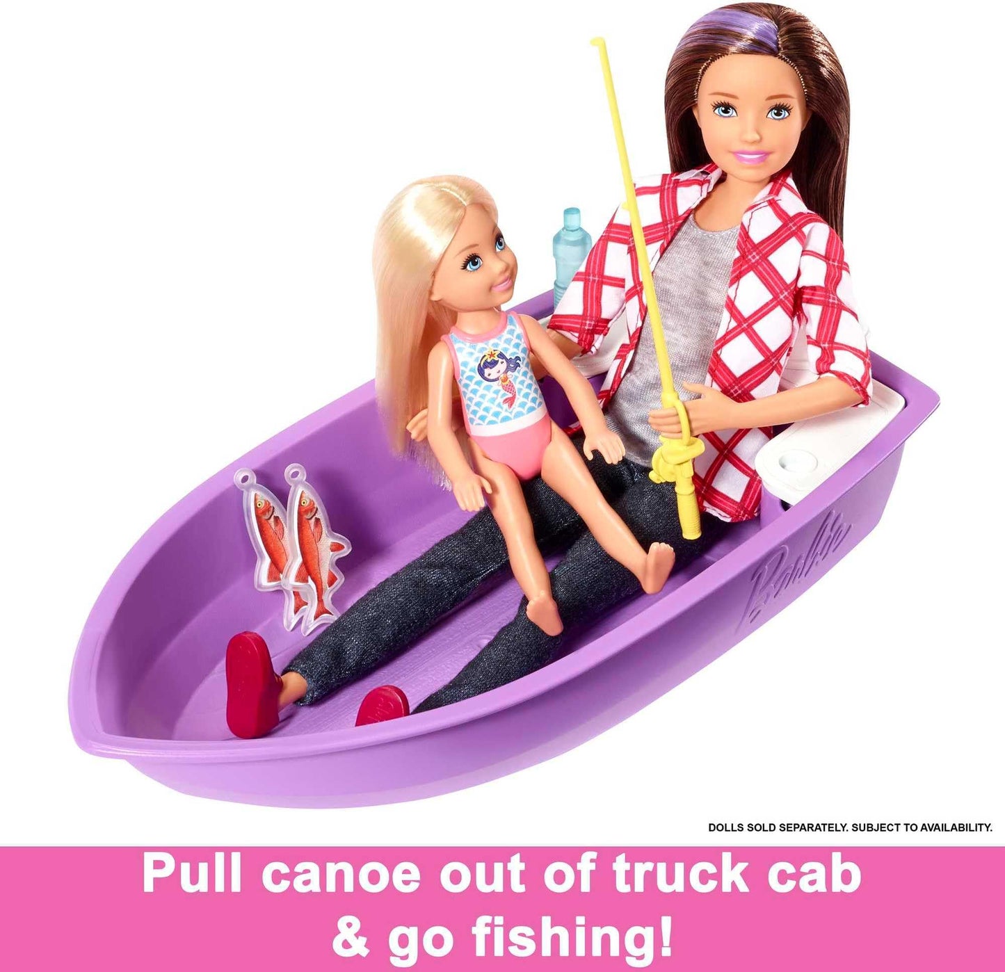 Barbie Dream Camper doll playset with 50 accessories, transforms into truck, boat, and house, includes pool and versatile features.