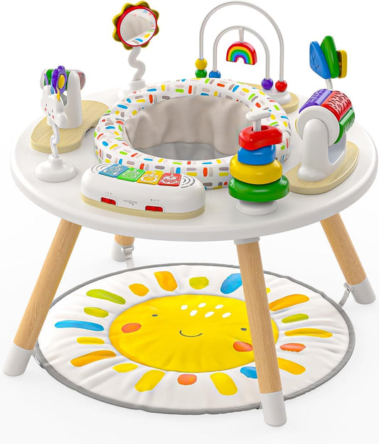 Move2Play 4-in-1 baby activity center with 8 toys, Montessori-inspired design, suitable for tummy time, exersaucer, and jumper.