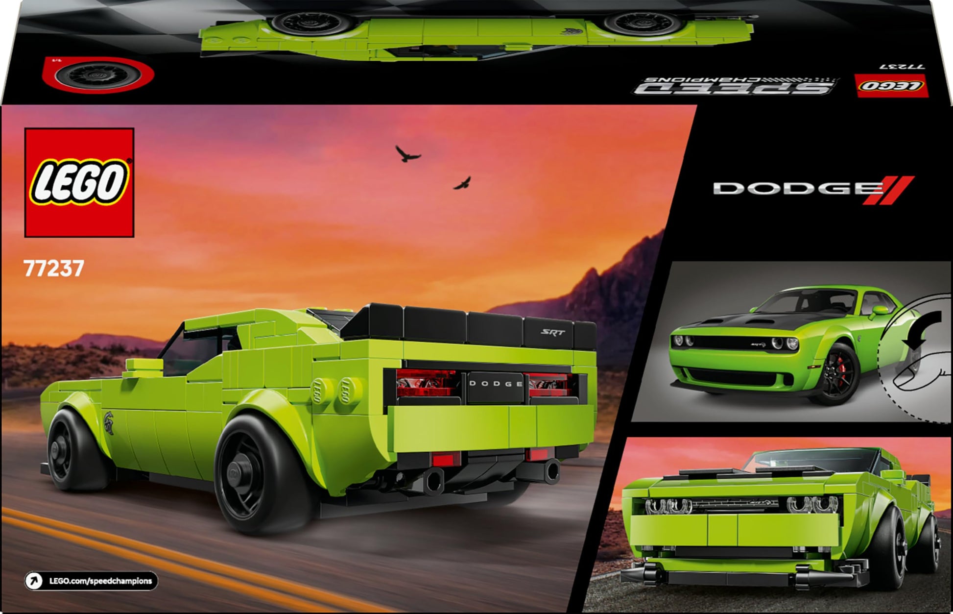 LEGO Speed Champions Dodge Challenger SRT Hellcat toy car model kit with driver minifigure and detailed design.