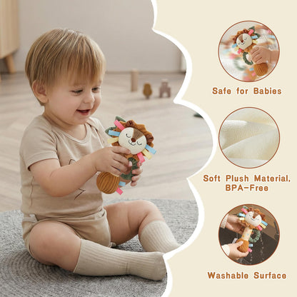 TYRY.HU Baby Rattle Toy,Plush Lion Sensory Shaker with Bells, Crinkle & Squeaker,Soft Sensory Toy with Sound for Newborn Infant Toddler Girls Boys 0-12 Months