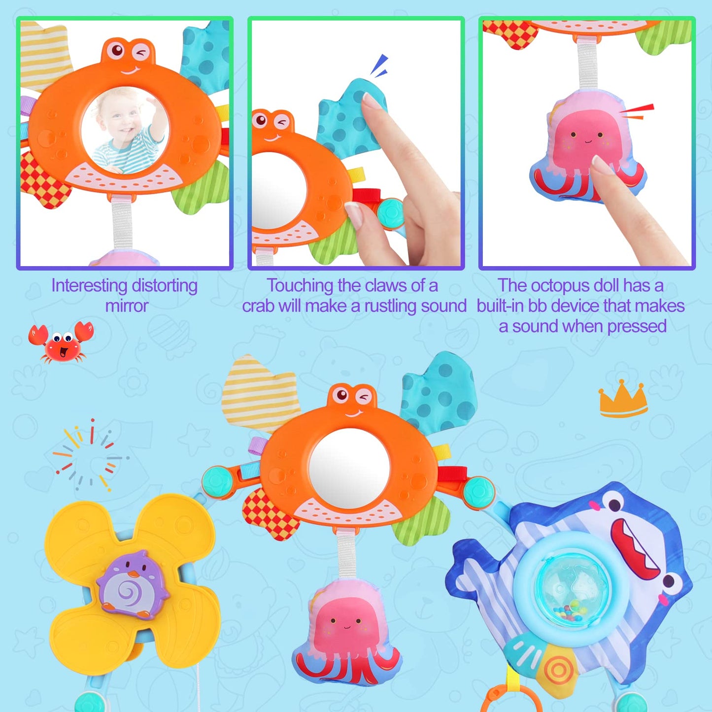 Yusvwkj ocean-themed baby mobile with toys clip on pram arch for newborns and toddlers, sensory crib activity bar for infants.
