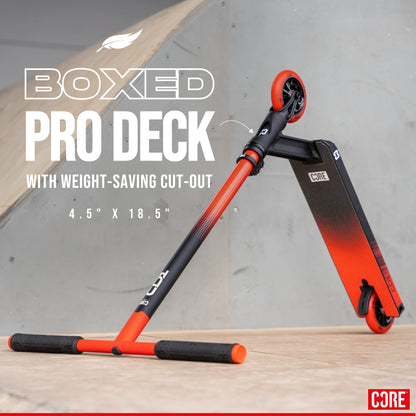 Core CD1 stunt scooter for kids, black and red, featuring a freestyle design suitable for skatepark and beginner boys and girls.