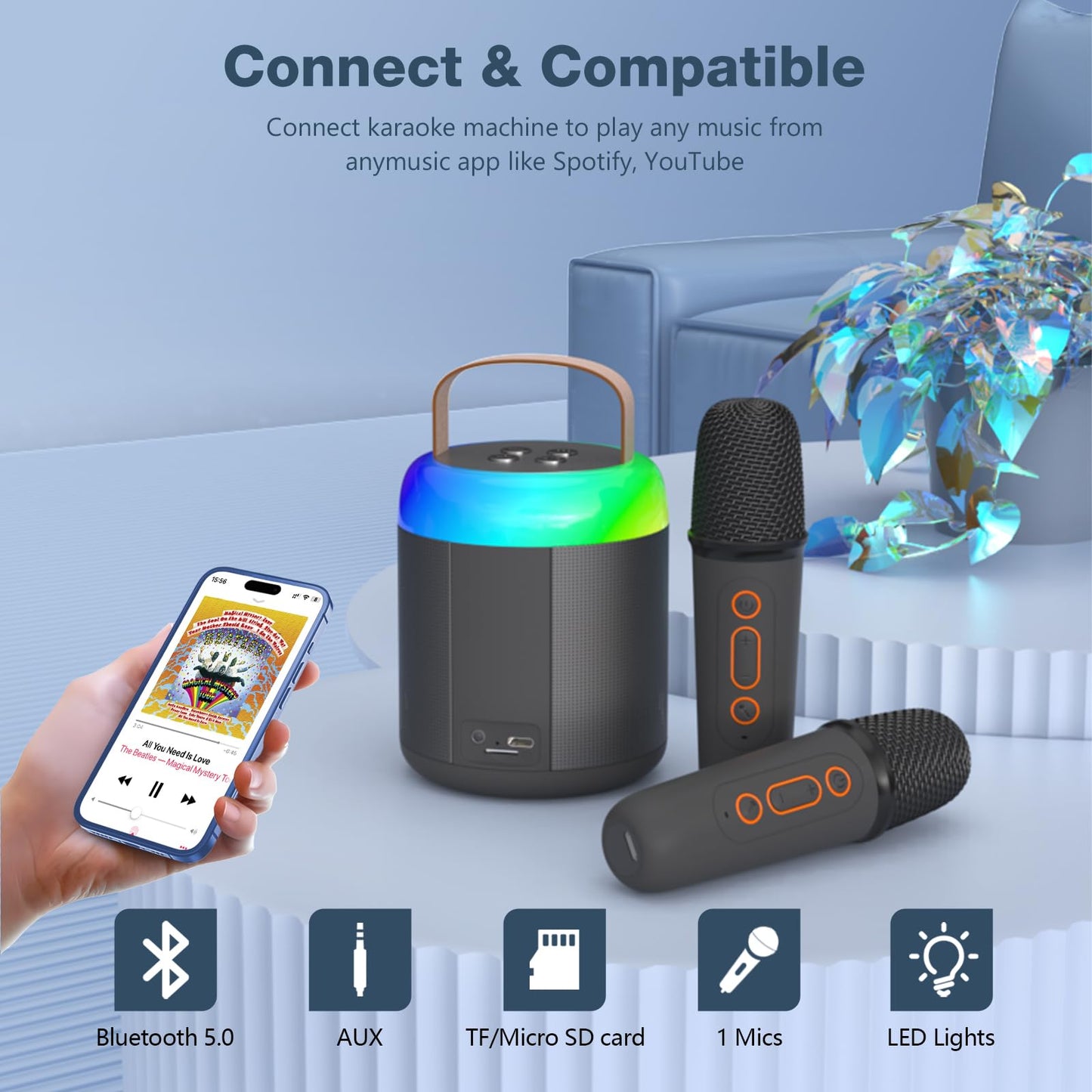 Onihan kids karaoke machine with two microphones, LED party lights, portable design, ideal for girls' birthday and Christmas gifts.