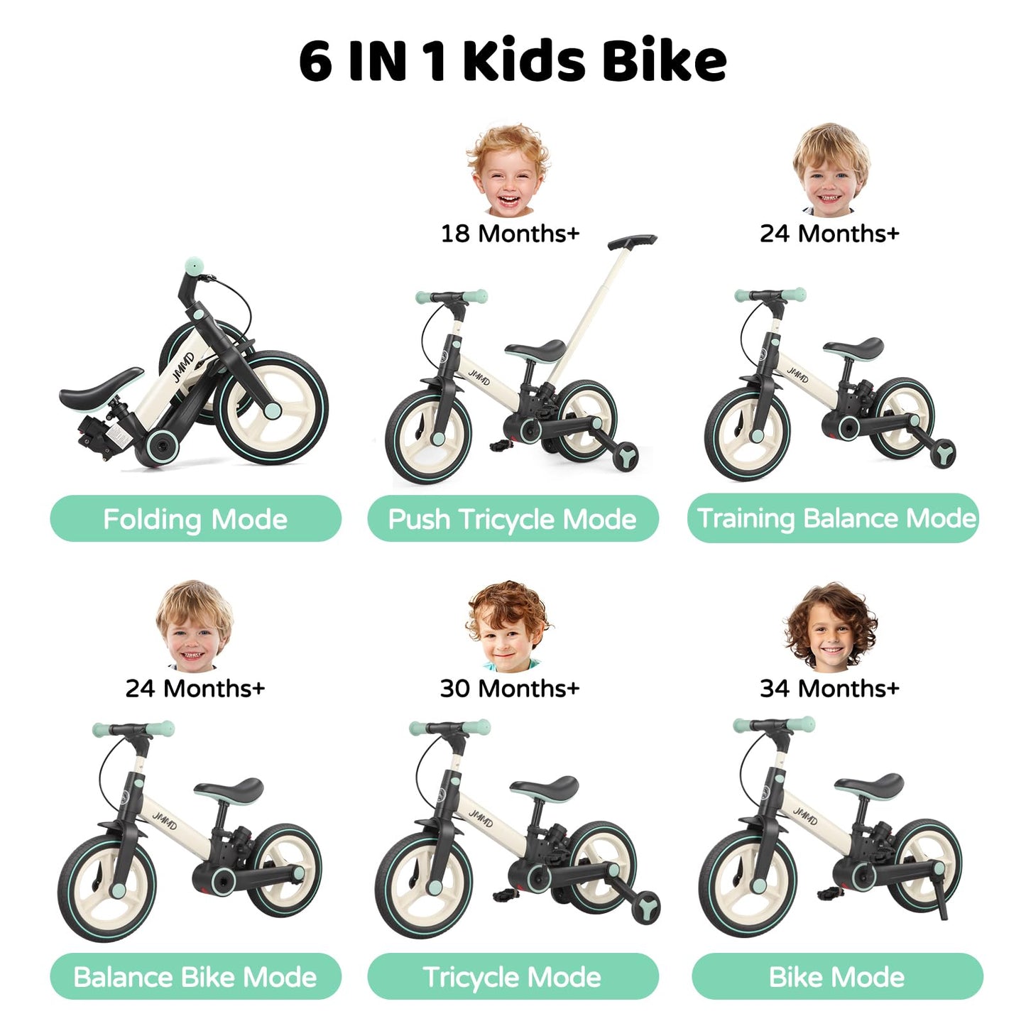 JMMD 6-in-1 Toddler Bike with Training Wheels and Pedals, 12 inch Convertible and Foldable Balance Bike & Pedal Bike with Adjustable Parent Handle, Kickstand, Brakes for kids, Age 18 Months-5 Years