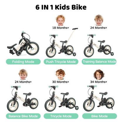 JMMD 6-in-1 Toddler Bike with Training Wheels and Pedals, 12 inch Convertible and Foldable Balance Bike & Pedal Bike with Adjustable Parent Handle, Kickstand, Brakes for kids, Age 18 Months-5 Years