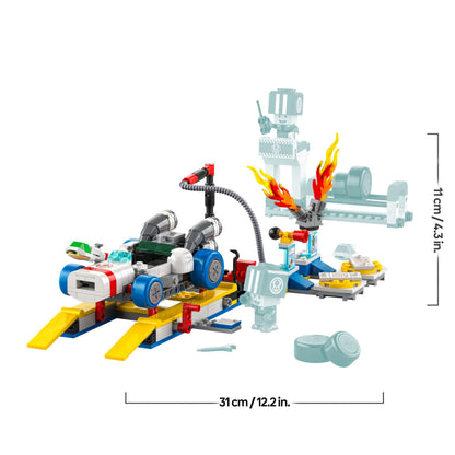 LEGO Super Mario Toad’s Garage set featuring Mario Kart, two blue Toad figures, perfect for kids and gamers aged 8 plus.