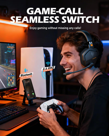 NUBWO wireless gaming headset with mic in orange, compatible with PS5, PS4, PC, featuring all-day battery and 23ms sync for FPS gaming