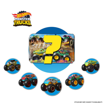 Hot Wheels Monster Trucks Demolition Doubles 2-pack featuring assorted toy vehicles in 1:64 scale for kids and collectors.
