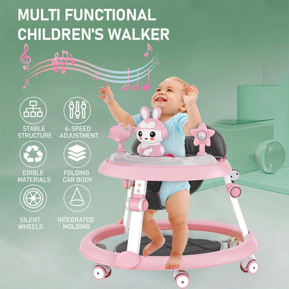 Pink height adjustable baby walker with foldable design, footrest, small toys, and music for infants 6-18 months by Autrfso.