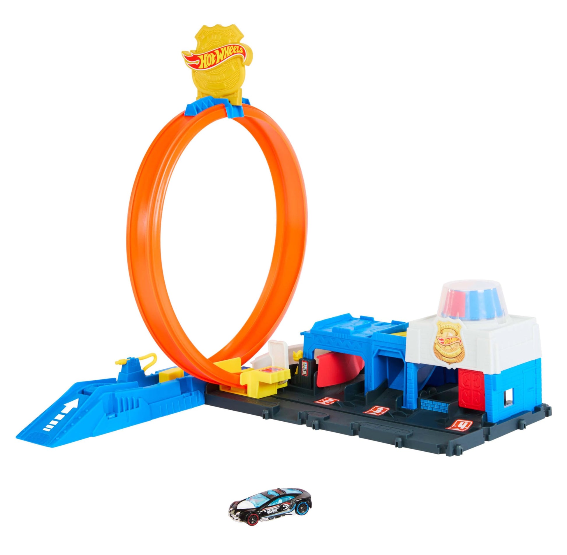 Hot Wheels Super Police Station playset with adjustable loop and die-cast vehicle, showcasing racing and stunt features.