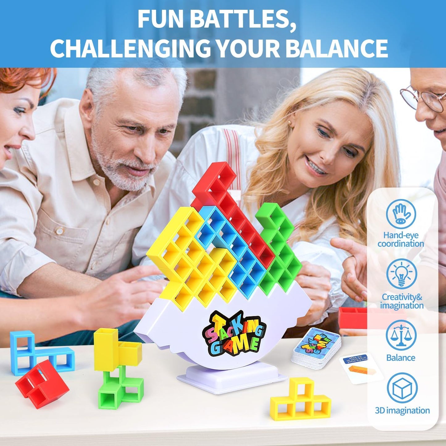 DUHLnote 48PCS stack game set with colorful Tetra board tower building blocks for adults and kids, ideal for family travel and party fun.