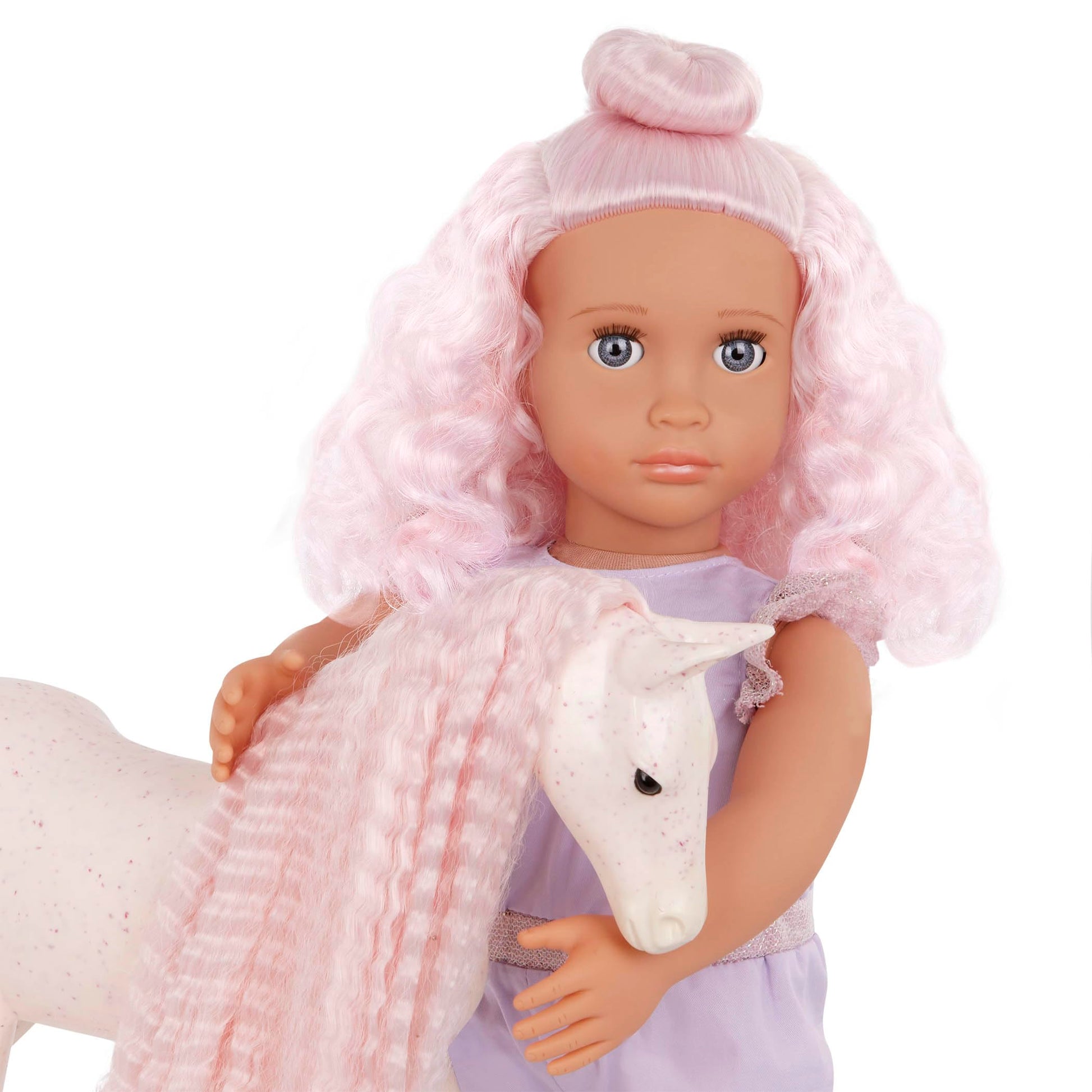 Our Generation Elara doll with pink hair in lilac jumpsuit and foal, featuring hairstyling accessories for imaginative play.