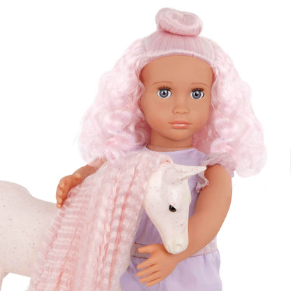 Our Generation Elara doll with pink hair in lilac jumpsuit and foal, featuring hairstyling accessories for imaginative play.