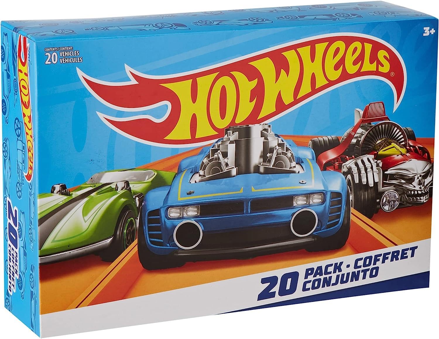 Hot Wheels set of 20 assorted 1:64 scale cars and trucks, featuring race, sport, and rescue vehicles for play or display.