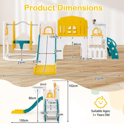 COSTWAY Toddler Swing and Slide Set, 10 in 1 Kids Slide with Climber Ladder, Basketball Hoop, Telescope, Tunnel, Storage Space, Indoor Outdoor Playground for 1+ Years Old (Green + Yellow)