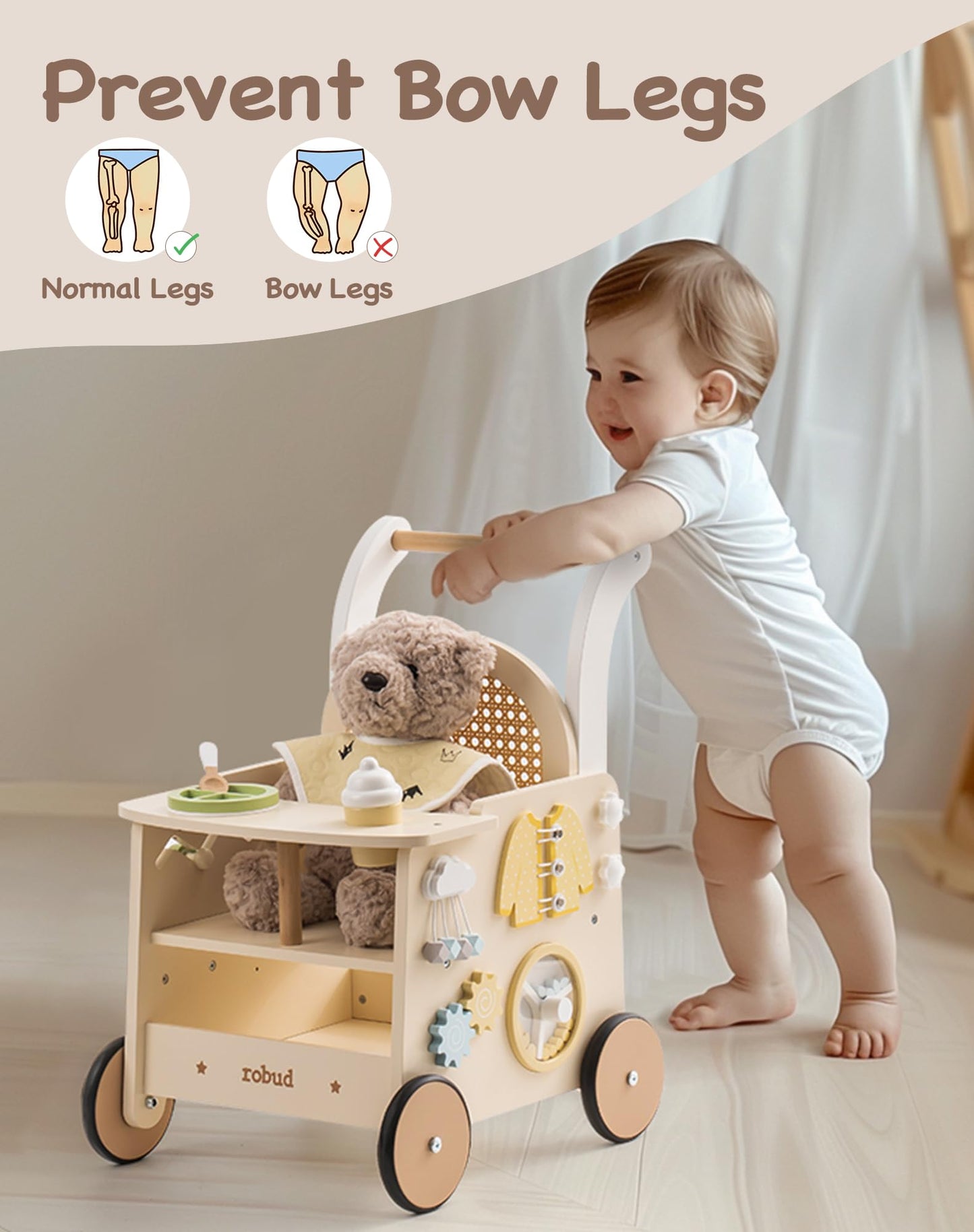 ROBUD wooden baby walker for 1-2 year olds with activity center, doll stroller, safety brake, educational toys, suitable for toddlers.