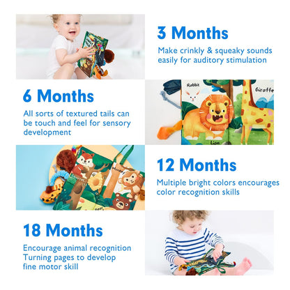 hahaland baby book featuring colorful jungle tails, soft crinkle pages for sensory play, perfect for newborns and infants.