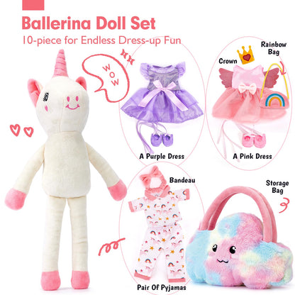 hahaland Unicorns Toys for Girls Age 3+, Ballerina Doll Plush Toys with 3 Outfits & Cloud Bag – Unicorn Stuffed Animal Soft Toys for Girls 3 4 5 6 Year Old, Ballet Dress Up Doll Gifts for Girl