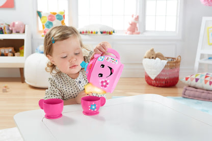 Fisher-Price Laugh & Learn Sweet Manners tea set for toddlers, featuring colorful cups, teapot, and playful lights and sounds.
