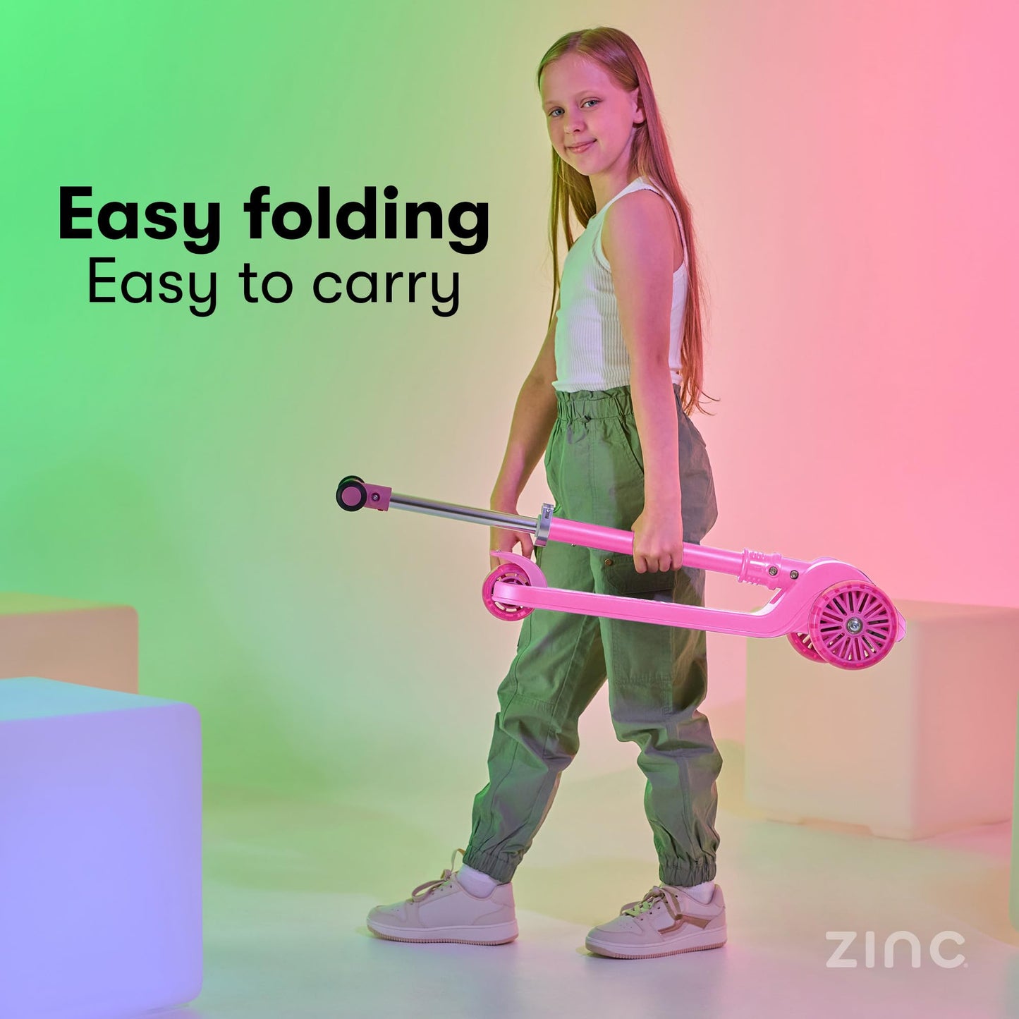 Zinc 3 Wheel Folding Led Shine Scooter for Kids, Light Up Stem with 20 Light Functions, Folding, Non-Slip Grips, Adjustable Handlebar, Pink
